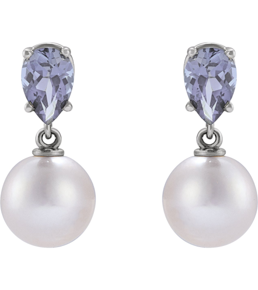 88438 Earring Set Platinum Pearl 7 Mm Cultured White Akoya Pearl Pear 6X4 Mm Natural Tanzanite Pair Friction Backs Included Polished Cultured White Akoya Pearl And Natural Tanzanite Pear Shape Earrings