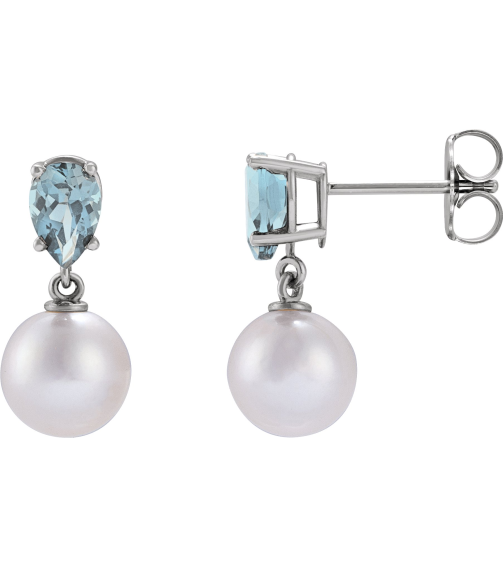 88438 Earring Set Platinum Pearl 7 Mm Cultured White Akoya Pearl Pear 6X4 Mm Natural Aquamarine Pair Friction Backs Included Polished Cultured White Akoya Pearl And Natural Aquamarine Pear Shape Earrings