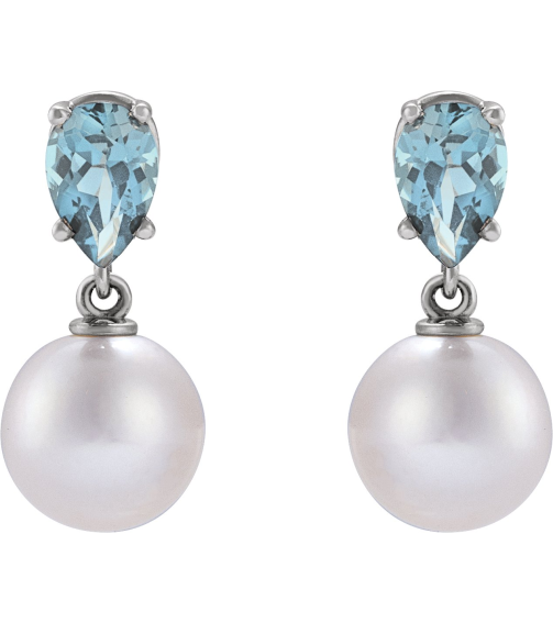 88438 Earring Set Platinum Pearl 7 Mm Cultured White Akoya Pearl Pear 6X4 Mm Natural Aquamarine Pair Friction Backs Included Polished Cultured White Akoya Pearl And Natural Aquamarine Pear Shape Earrings