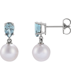 88438 Earring Set 14K White Pearl 7 Mm Cultured White Akoya Pearl Pear 6X4 Mm Natural Aquamarine Pair Friction Backs Included Polished Cultured White Akoya Pearl And Natural Aquamarine Pear Shape Earrings