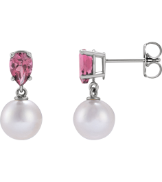88438 Earring Set 14K White Pearl 7 Mm Cultured White Akoya Pearl Pear 6X4 Mm Natural Pink Tourmaline Pair Friction Backs Included Polished Cultured White Akoya Pearl And Natural Pink Tourmaline Pear Shape Earrings