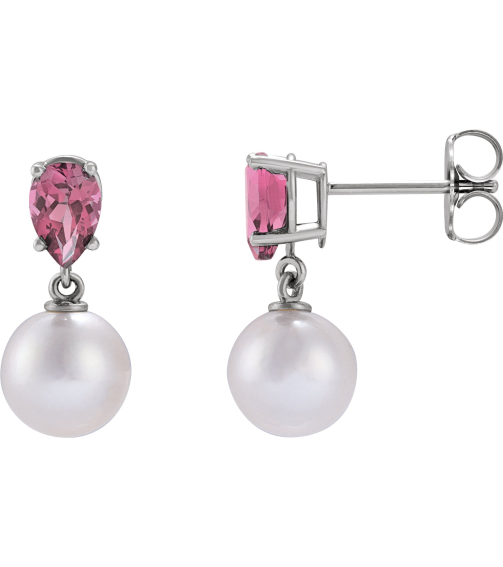 88438 Earring Set 14K White Pearl 7 Mm Cultured White Akoya Pearl Pear 6X4 Mm Natural Pink Tourmaline Pair Friction Backs Included Polished Cultured White Akoya Pearl And Natural Pink Tourmaline Pear Shape Earrings