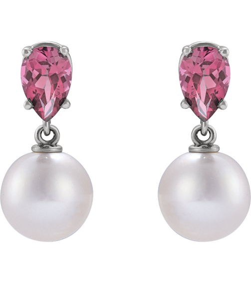 88438 Earring Set 14K White Pearl 7 Mm Cultured White Akoya Pearl Pear 6X4 Mm Natural Pink Tourmaline Pair Friction Backs Included Polished Cultured White Akoya Pearl And Natural Pink Tourmaline Pear Shape Earrings
