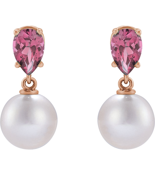 88438 Earring Set 14K Rose Pearl 7 Mm Cultured White Akoya Pearl Pear 6X4 Mm Natural Pink Tourmaline Pair Friction Backs Included Polished Cultured White Akoya Pearl And Natural Pink Tourmaline Pear Shape Earrings