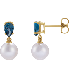 88438 Earring Set 14K Yellow Pearl 7 Mm Cultured White Akoya Pearl Pear 6X4 Mm Natural London Blue Topaz Pair Friction Backs Included Polished Cultured White Akoya Pearl And Natural London Blue Topaz Pear Shape Earrings