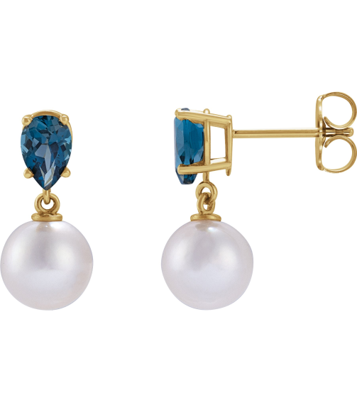 88438 Earring Set 14K Yellow Pearl 7 Mm Cultured White Akoya Pearl Pear 6X4 Mm Natural London Blue Topaz Pair Friction Backs Included Polished Cultured White Akoya Pearl And Natural London Blue Topaz Pear Shape Earrings