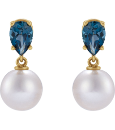 88438 Earring Set 14K Yellow Pearl 7 Mm Cultured White Akoya Pearl Pear 6X4 Mm Natural London Blue Topaz Pair Friction Backs Included Polished Cultured White Akoya Pearl And Natural London Blue Topaz Pear Shape Earrings