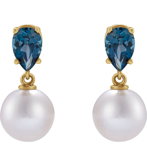 88438 Earring Set 14K Yellow Pearl 7 Mm Cultured White Akoya Pearl Pear 6X4 Mm Natural London Blue Topaz Pair Friction Backs Included Polished Cultured White Akoya Pearl And Natural London Blue Topaz Pear Shape Earrings