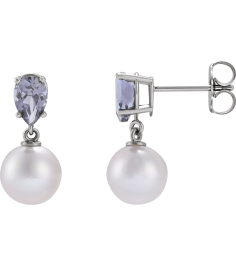 88438 Earring Set 14K White Pearl 7 Mm Cultured White Akoya Pearl Pear 6X4 Mm Natural Tanzanite Pair Friction Backs Included Polished Cultured White Akoya Pearl And Natural Tanzanite Pear Shape Earrings