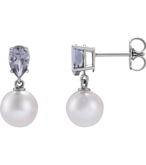 88438 Earring Set 14K White Pearl 7 Mm Cultured White Akoya Pearl Pear 6X4 Mm Natural Tanzanite Pair Friction Backs Included Polished Cultured White Akoya Pearl And Natural Tanzanite Pear Shape Earrings