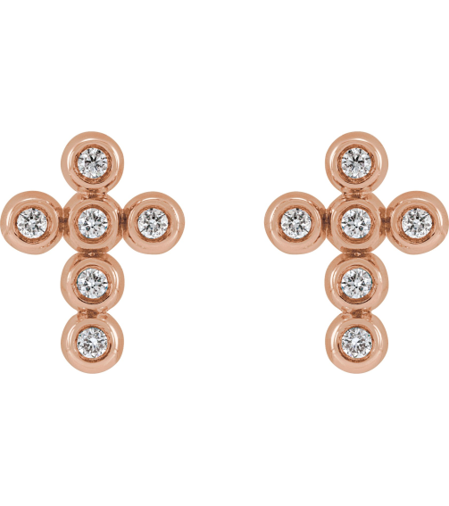 R50027 Earring Set Natural Diamond Round 1.2 Mm 14K Rose Pair Friction Backs Included Polished .08 Ctw Natural Diamond Bezel-Set Cross Earrings