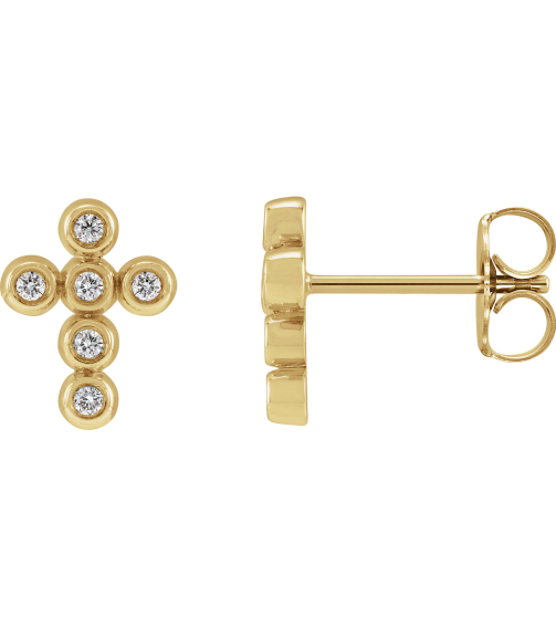 R50027 Earring Set Natural Diamond Round 1.2 Mm 14K Yellow Pair Friction Backs Included Polished .08 Ctw Natural Diamond Bezel-Set Cross Earrings