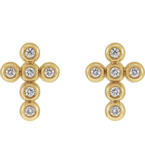 R50027 Earring Set Natural Diamond Round 1.2 Mm 14K Yellow Pair Friction Backs Included Polished .08 Ctw Natural Diamond Bezel-Set Cross Earrings