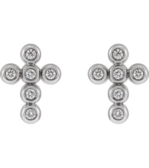R50027 Earring Set Natural Diamond Round 1.2 Mm Platinum Pair Friction Backs Included Polished .08 Ctw Natural Diamond Bezel-Set Cross Earrings