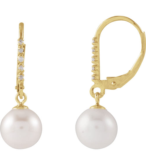 689025 Earring Set 14K Yellow Cultured White Freshwater Pearl Pearl 7.0-7.5 Mm Natural Diamond 0.05 Ctw Polished Cultured Freshwater Pearl And .05 Ctw Natural Diamond Lever Back Earrings