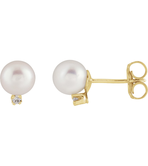 689027 Earring Set Cultured White Akoya Pearl Pearl 5.0-5.5 Mm 14K Yellow Natural Diamond Pair Friction Backs Included Polished Cultured Akoya Pearl And .02 Ctw Natural Diamond Earrings
