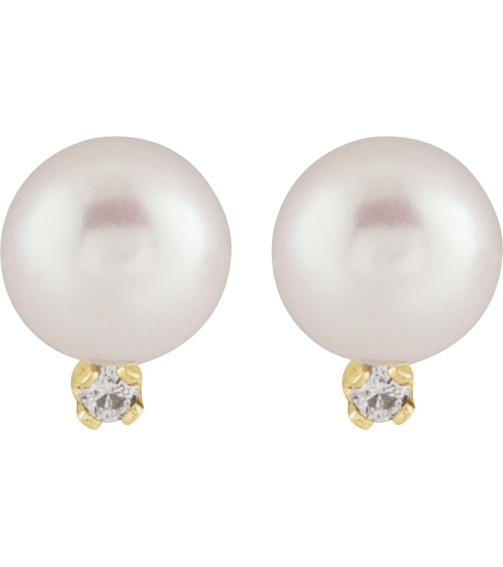 689027 Earring Set Cultured White Akoya Pearl Pearl 5.0-5.5 Mm 14K Yellow Natural Diamond Pair Friction Backs Included Polished Cultured Akoya Pearl And .02 Ctw Natural Diamond Earrings