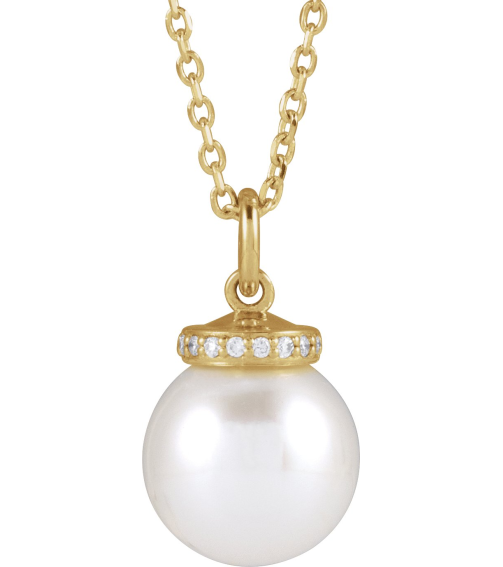 88488 Necklace Set 14K Yellow Pearl Cultured White Akoya Pearl 8Mm 0.04 Ctw Natural Diamond I1, G-H 16-18 In Polished Cultured White Akoya Pearl And .04 Ctw Natural Diamond Hidden Halo-Style Necklace