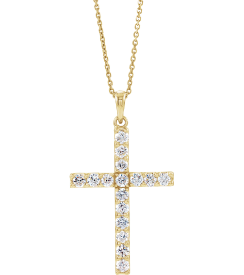 R42308 Necklace Set 14K Yellow Round Lab-Grown Diamond 2.25Mm 58 Ctw Si1-Si2, G-H 18 In Polished Lab-Grown Diamond Cross Necklace