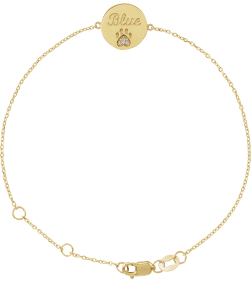 Brc928 Bracelet Set 14K Yellow Round Natural White Sapphire 1 Mm 6 12-7 12 In Polished Natural White Sapphire Engravable Paw Print Bracelet
