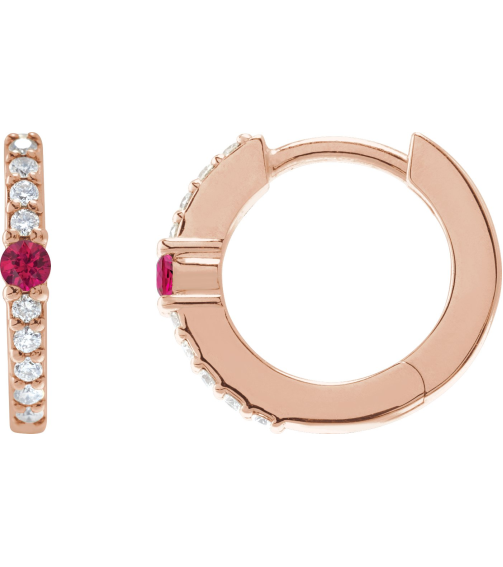 88567 Earring Set 14K Rose 13.6 Mm 2 Mm Natural Ruby Round 2Mm 18 Ctw I1, Gh Pair Hinged Polished Natural Ruby And 18 Ctw Natural Diamond Huggie Earrings
