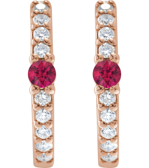 88567 Earring Set 14K Rose 13.6 Mm 2 Mm Natural Ruby Round 2Mm 18 Ctw I1, Gh Pair Hinged Polished Natural Ruby And 18 Ctw Natural Diamond Huggie Earrings