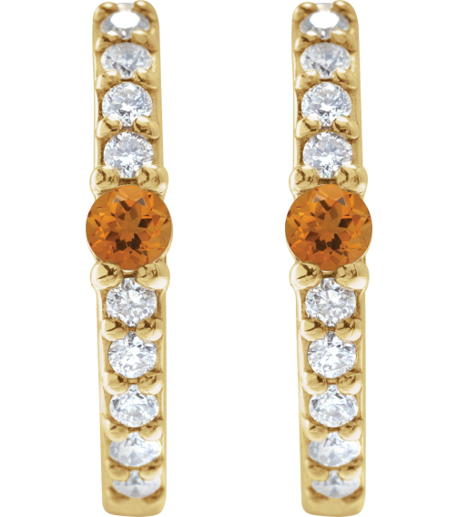 88567 Earring Set 14K Yellow 13.6 Mm 2 Mm Natural Citrine Round 2Mm 18 Ctw I1, Gh Pair Hinged Polished Natural Citrine And 18 Ctw Natural Diamond Huggie Earrings