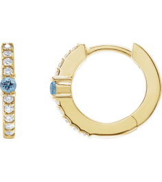 88567 Earring Set 14K Yellow 13.6 Mm 2 Mm Natural Aquamarine Round 2Mm 18 Ctw I1, Gh Pair Hinged Polished Natural Aquamarine And 18 Ctw Natural Diamond Huggie Earrings