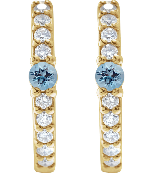 88567 Earring Set 14K Yellow 13.6 Mm 2 Mm Natural Aquamarine Round 2Mm 18 Ctw I1, Gh Pair Hinged Polished Natural Aquamarine And 18 Ctw Natural Diamond Huggie Earrings