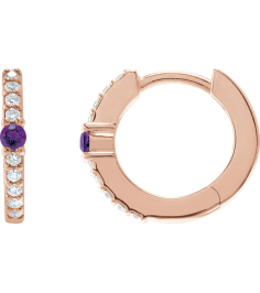 88567 Earring Set 14K Rose 13.6 Mm 2 Mm Natural Amethyst Round 2Mm 18 Ctw I1, Gh Pair Hinged Polished Natural Amethyst And 18 Ctw Natural Diamond Huggie Earrings