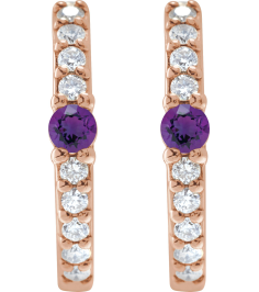 88567 Earring Set 14K Rose 13.6 Mm 2 Mm Natural Amethyst Round 2Mm 18 Ctw I1, Gh Pair Hinged Polished Natural Amethyst And 18 Ctw Natural Diamond Huggie Earrings