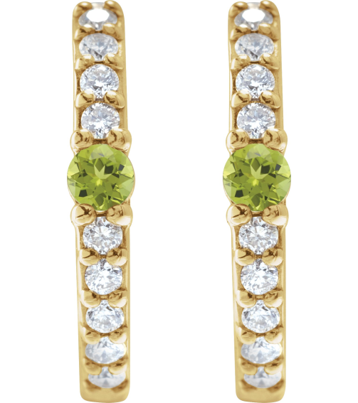 88567 Earring Set 14K Yellow 13.6 Mm 2 Mm Natural Peridot Round 2Mm 18 Ctw I1, Gh Pair Hinged Polished Natural Peridot And 18 Ctw Natural Diamond Huggie Earrings