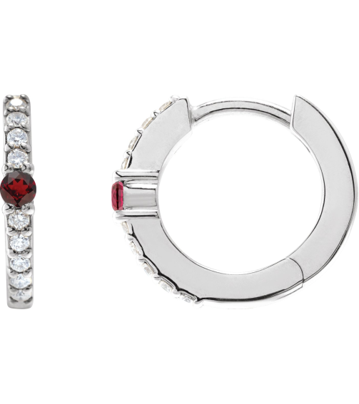 88567 Earring Set Sterling Silver 13.6 Mm 2 Mm Natural Mozambique Garnet Round 2Mm 18 Ctw I1, Gh Pair Hinged Polished Natural Mozambique Garnet And 18 Ctw Natural Diamond Huggie Earrings