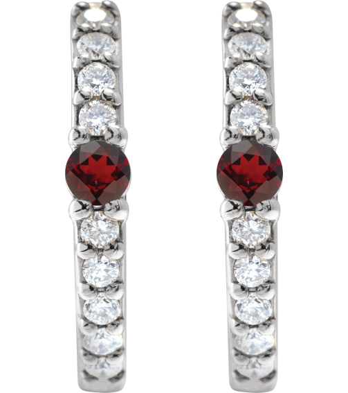 88567 Earring Set Sterling Silver 13.6 Mm 2 Mm Natural Mozambique Garnet Round 2Mm 18 Ctw I1, Gh Pair Hinged Polished Natural Mozambique Garnet And 18 Ctw Natural Diamond Huggie Earrings