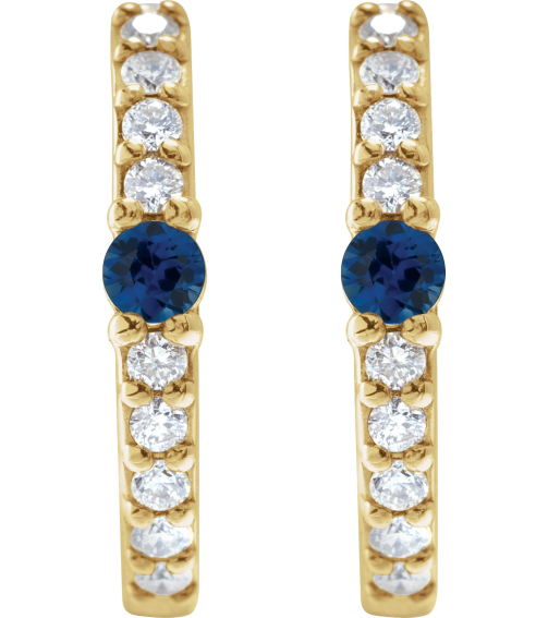 88567 Earring Set 14K Yellow 13.6 Mm 2 Mm Natural Blue Sapphire Round 2Mm 18 Ctw I1, Gh Pair Hinged Polished Natural Blue Sapphire And 18 Ctw Natural Diamond Huggie Earrings