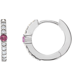 88567 Earring Set Sterling Silver 13.6 Mm 2 Mm Natural Pink Tourmaline Round 2Mm 18 Ctw I1, Gh Pair Hinged Polished Natural Pink Tourmaline And 18 Ctw Natural Diamond Huggie Earrings