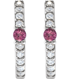 88567 Earring Set Sterling Silver 13.6 Mm 2 Mm Natural Pink Tourmaline Round 2Mm 18 Ctw I1, Gh Pair Hinged Polished Natural Pink Tourmaline And 18 Ctw Natural Diamond Huggie Earrings