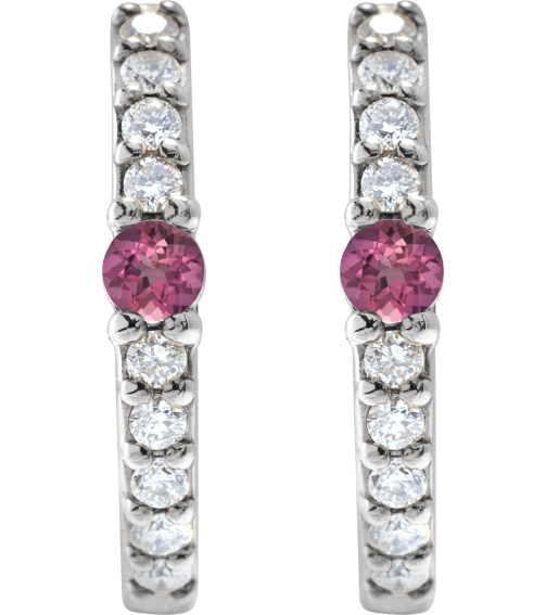88567 Earring Set Sterling Silver 13.6 Mm 2 Mm Natural Pink Tourmaline Round 2Mm 18 Ctw I1, Gh Pair Hinged Polished Natural Pink Tourmaline And 18 Ctw Natural Diamond Huggie Earrings