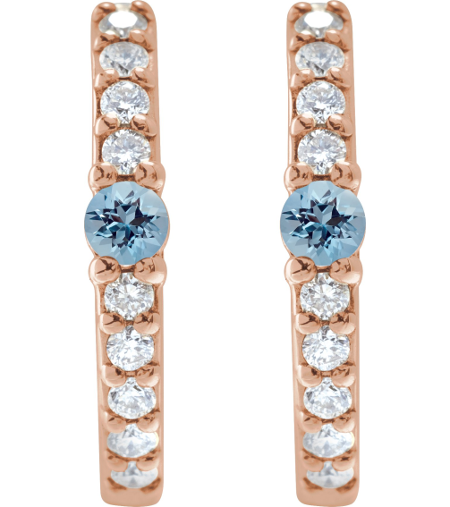88567 Earring Set 14K Rose 13.6 Mm 2 Mm Natural Aquamarine Round 2Mm 18 Ctw I1, Gh Pair Hinged Polished Natural Aquamarine And 18 Ctw Natural Diamond Huggie Earrings