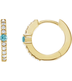 88567 Earring Set 14K Yellow 13.6 Mm 2 Mm Natural Blue Zircon Round 2Mm 18 Ctw I1, Gh Pair Hinged Polished Natural Blue Zircon And 18 Ctw Natural Diamond Huggie Earrings