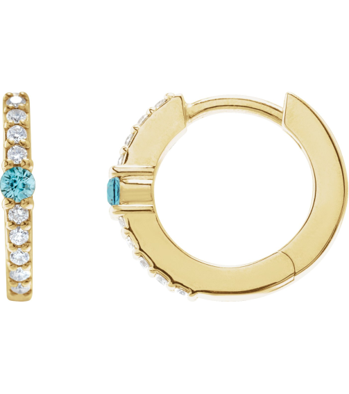 88567 Earring Set 14K Yellow 13.6 Mm 2 Mm Natural Blue Zircon Round 2Mm 18 Ctw I1, Gh Pair Hinged Polished Natural Blue Zircon And 18 Ctw Natural Diamond Huggie Earrings