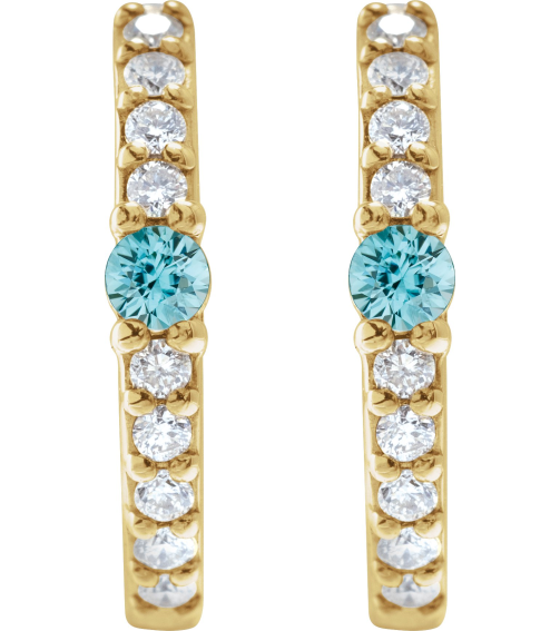 88567 Earring Set 14K Yellow 13.6 Mm 2 Mm Natural Blue Zircon Round 2Mm 18 Ctw I1, Gh Pair Hinged Polished Natural Blue Zircon And 18 Ctw Natural Diamond Huggie Earrings