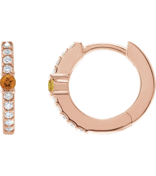 88567 Earring Set 14K Rose 13.6 Mm 2 Mm Natural Citrine Round 2Mm 18 Ctw I1, Gh Pair Hinged Polished Natural Citrine And 18 Ctw Natural Diamond Huggie Earrings