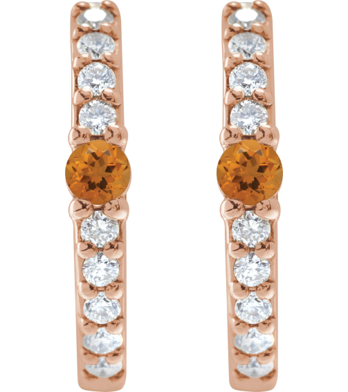 88567 Earring Set 14K Rose 13.6 Mm 2 Mm Natural Citrine Round 2Mm 18 Ctw I1, Gh Pair Hinged Polished Natural Citrine And 18 Ctw Natural Diamond Huggie Earrings