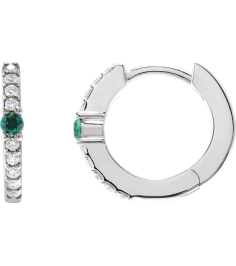 88567 Earring Set Sterling Silver 13.6 Mm 2 Mm Natural Emerald Round 2Mm 18 Ctw I1, Gh Pair Hinged Polished Natural Emerald And 18 Ctw Natural Diamond Huggie Earrings