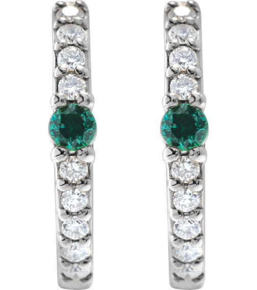 88567 Earring Set Sterling Silver 13.6 Mm 2 Mm Natural Emerald Round 2Mm 18 Ctw I1, Gh Pair Hinged Polished Natural Emerald And 18 Ctw Natural Diamond Huggie Earrings