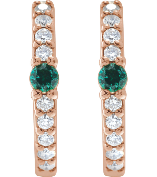 88567 Earring Set 14K Rose 13.6 Mm 2 Mm Natural Emerald Round 2Mm 18 Ctw I1, Gh Pair Hinged Polished Natural Emerald And 18 Ctw Natural Diamond Huggie Earrings