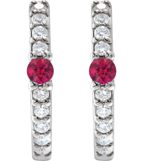 88567 Earring Set Sterling Silver 13.6 Mm 2 Mm Natural Ruby Round 2Mm 18 Ctw I1, Gh Pair Hinged Polished Natural Ruby And 18 Ctw Natural Diamond Huggie Earrings