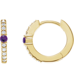 88567 Earring Set 14K Yellow 13.6 Mm 2 Mm Natural Amethyst Round 2Mm 18 Ctw I1, Gh Pair Hinged Polished Natural Amethyst And 18 Ctw Natural Diamond Huggie Earrings
