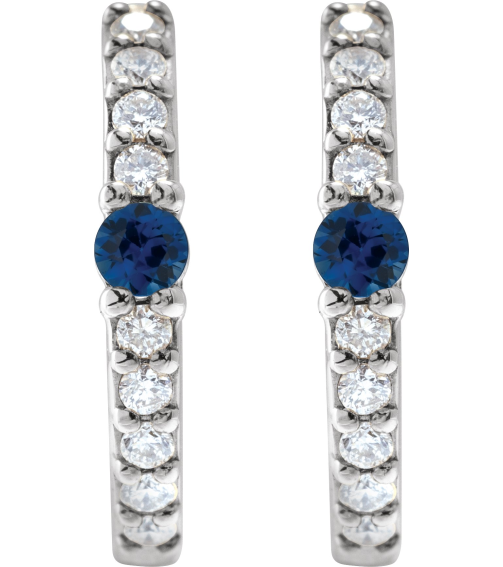 88567 Earring Set Sterling Silver 13.6 Mm 2 Mm Natural Blue Sapphire Round 2Mm 18 Ctw I1, Gh Pair Hinged Polished Natural Blue Sapphire And 18 Ctw Natural Diamond Huggie Earrings